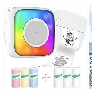Lebt Mini Thermal Sticker Printer White 6 Rolls Light Up Portable